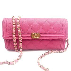 Authentic CHANEL Boy CC Flap Lambskin Wallet Chain Shoulder Crossbody Pink Gold